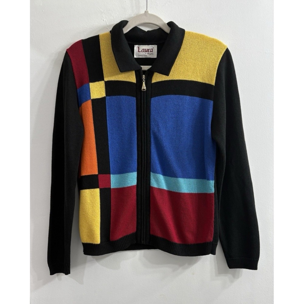 Vintage 80s Laura by Alyzia Womens 4 S Colorblock Zip Sweater Cardigan Black USA
